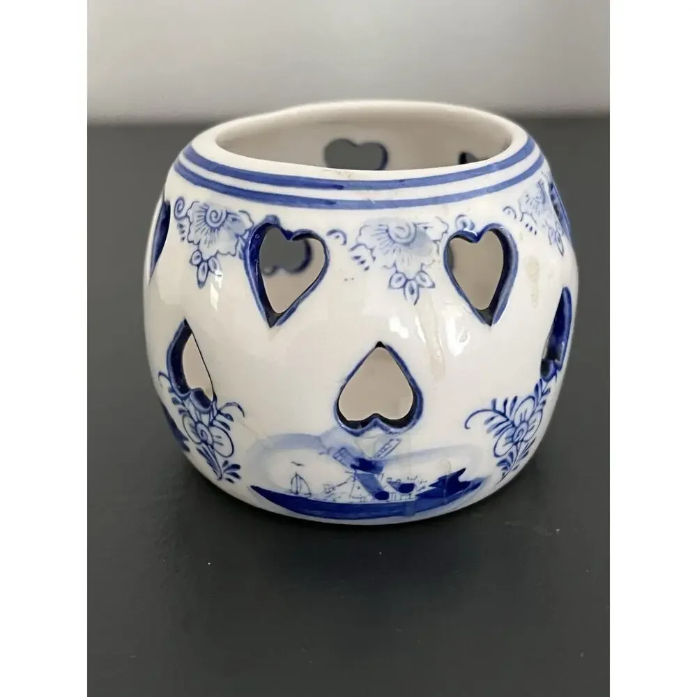 2 Delft Blue Tea Light Holder Candle Ceramic Vintage Hearts Hand painted Holland